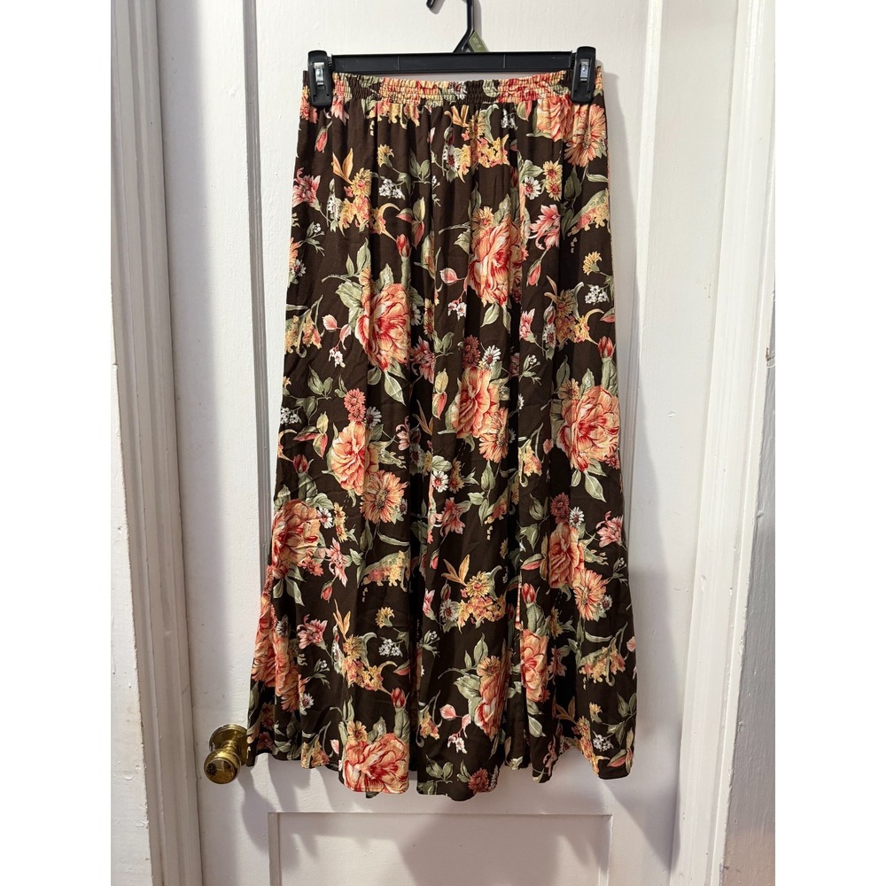 Vintage Liz Baker Essentials Brown Floral Full Length Skirt in M